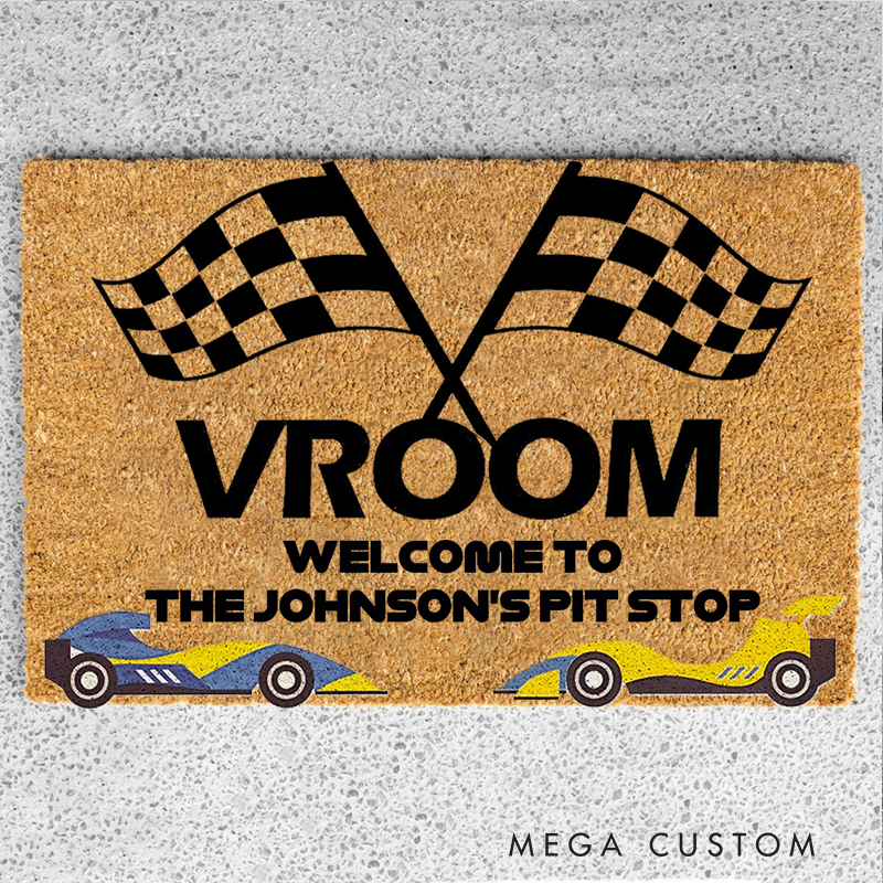 Personalized Doormat with Vroom Design for Racers and Racing Lovers