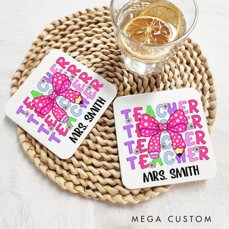 Personalized Coasters for Teachers Teacher Pencil Bow Appreciation Gift for Teachers