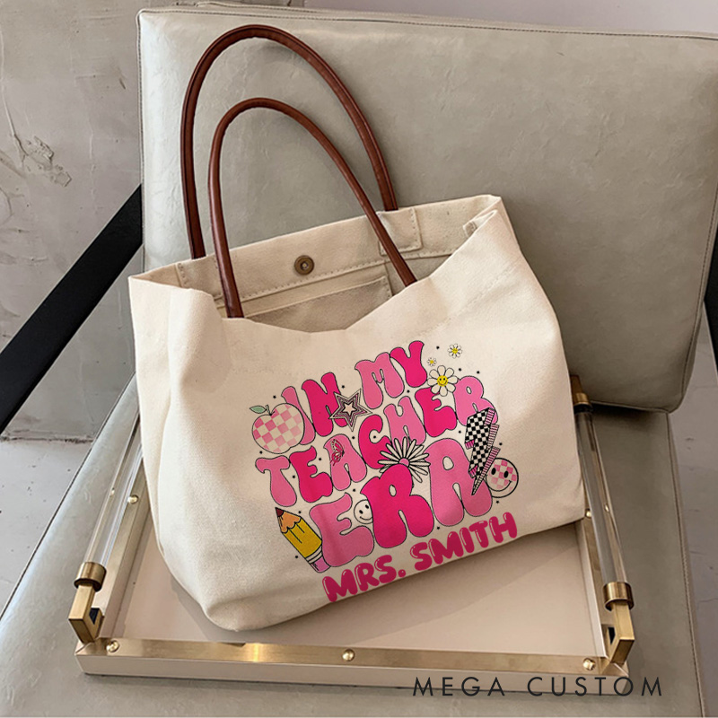 Personalized Teacher Canvas Tote Bag in My Teacher  Era Design Appreciation Gift for Teachers