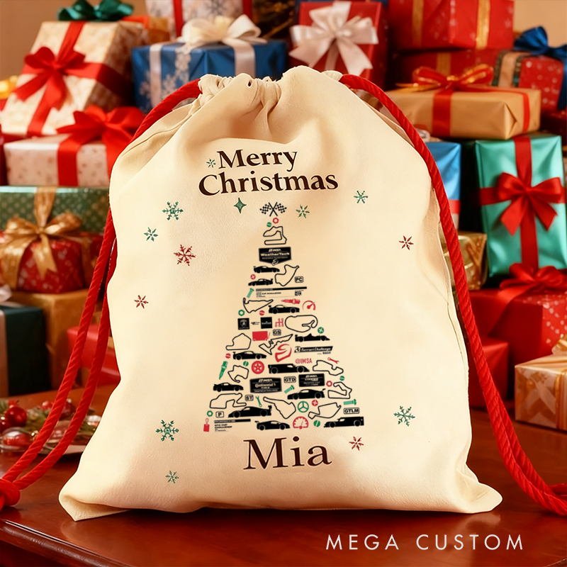 Personalized Racing Track Tree Sack Custom Name Gift Bag Vintage Christmas Bag