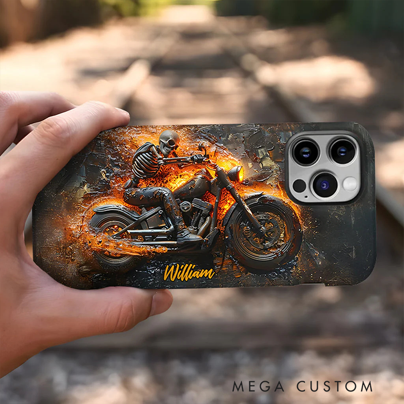 Personalized Biker Fire Flame Phone Case Custom Name and Bike Style Gift for Bikers and Racing Lovers