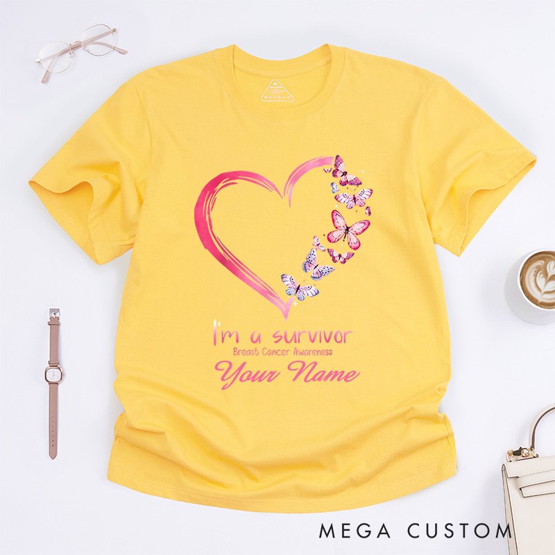 Personalized I Am A Survivor Breast Cancer Awareness Heart And Butterfly Support T-Shirt  