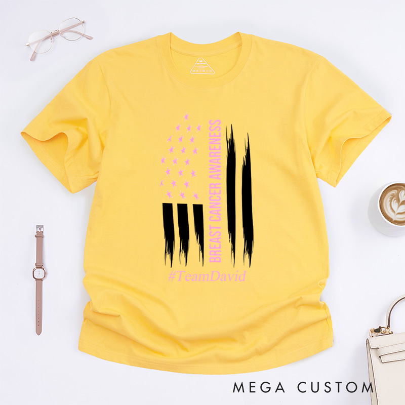 Personalized Breast Cancer Awareness American Flag Pink Ribbon Support Advocacy T-Shirt  