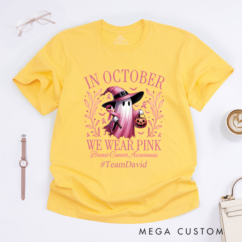 Personalized In October We Wear Pink Breast Cancer Awareness Halloween Support T-Shirt  