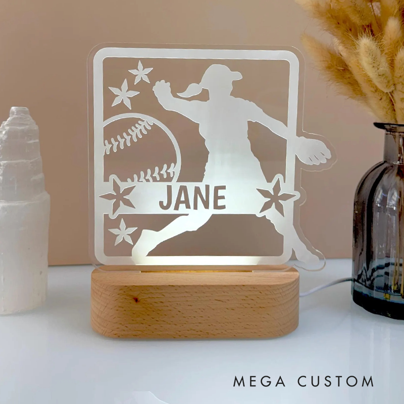 Personalized Baseball Girl LED Night Light with Custom Player Name