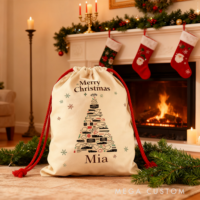 Personalized Racing Track Tree Sack Custom Name Gift Bag Vintage Christmas Bag