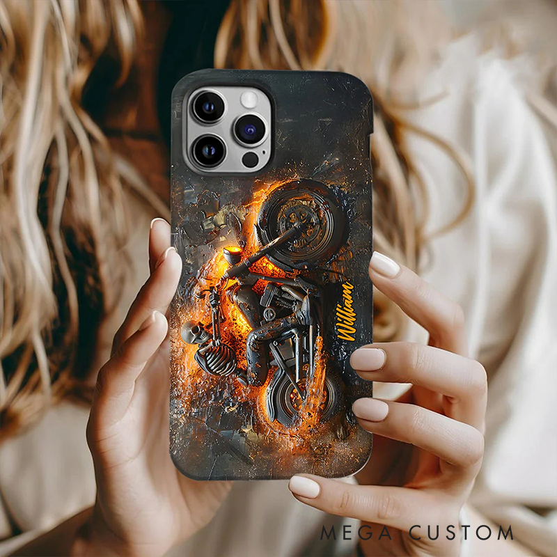 Personalized Biker Fire Flame Phone Case Custom Name and Bike Style Gift for Bikers and Racing Lovers