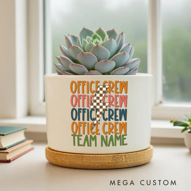 Personalized Office Crew Planter with Colorful Repetitive Text and Checkered Design Gift for Office Worker Coworker