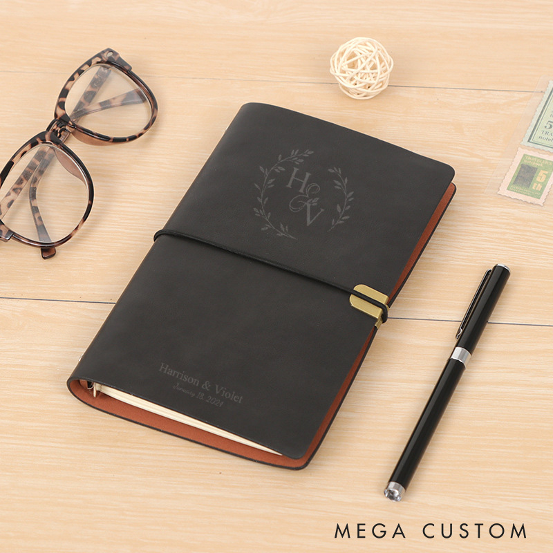 Personalized Laurel Branches with Initials and Date Wedding Couple A6 Leather Journals
