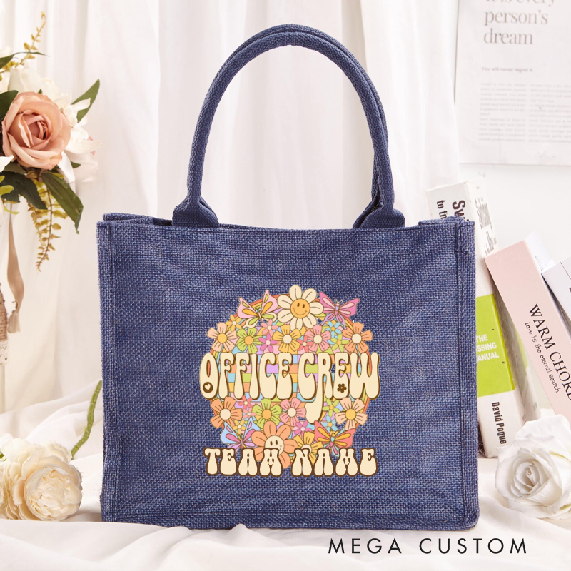 Personalized Office Crew Burlap Tote Bag with Floral Design Perfect Gift for Coworkers or Employees