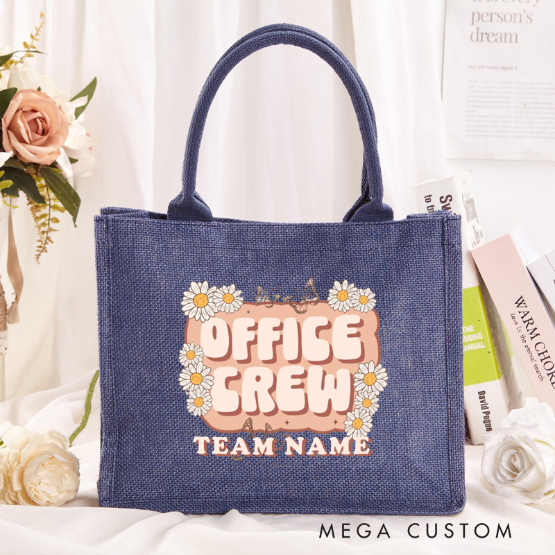 Personalized Office Crew Burlap Tote Bag with Daisy Floral Design Perfect Gift for Coworkers or Friends