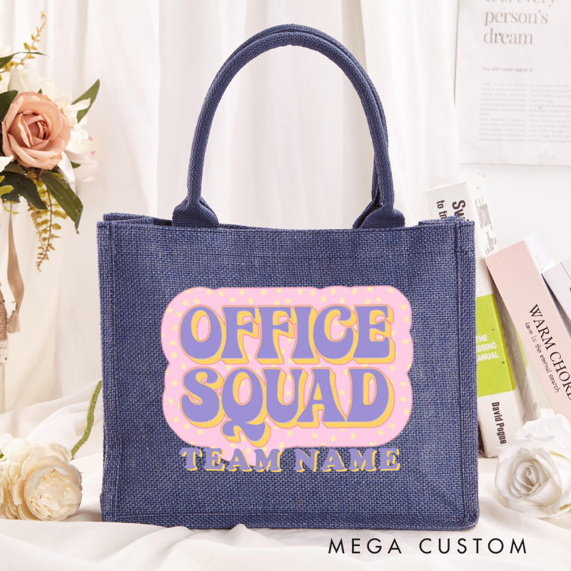 Personalized Office Squad Burlap Tote Bag with Pastel Bubble Letter Design Perfect Gift for Coworkers or Friends
