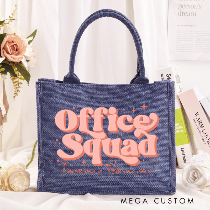 Personalized Office Squad Burlap Tote Bag with Retro Font and Star Accents Perfect Gift for Coworkers or Friends