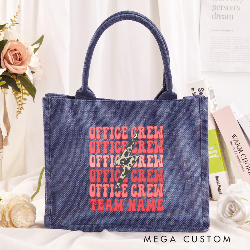 Personalized Office Crew Burlap Tote Bag with Repeated Text and Leopard Print Accent Perfect Gift for Coworkers or Friends