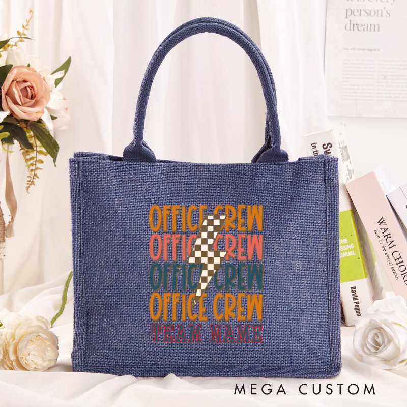 Personalized Office Crew Burlap Tote Bag with Gradient Text and Checkerboard Accent Perfect Gift for Coworkers or Friends