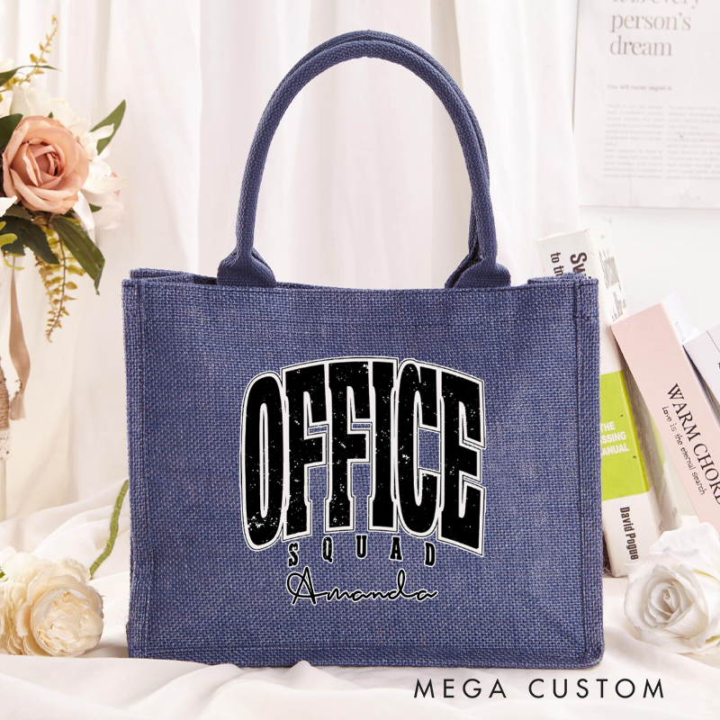 Personalized Office Squad Burlap Tote Bag with Bold Black Text and Custom Name Perfect Gift for Coworkers or Friends