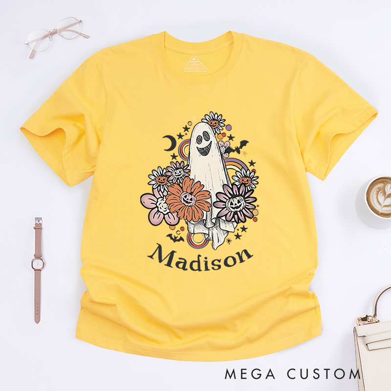 Personalized Floral Ghost Halloween T-Shirt Perfect for Adding Whimsy and Charm to Festive Outfits T-Shirt