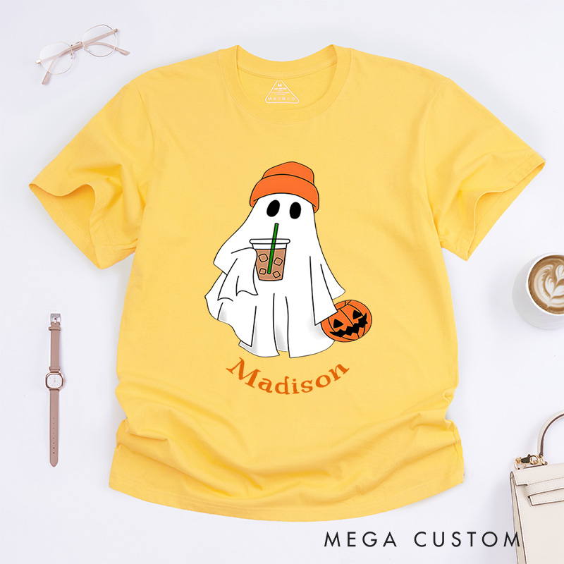 Personalized Ghost with Drink Halloween T-Shirt Perfect for Adding Humor and Charm to Festive Outfits T-Shirt