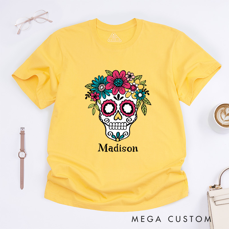 Personalized Sugar Skull Halloween T-Shirt Perfect for Adding a Vibrant and Artistic Touch T-Shirt