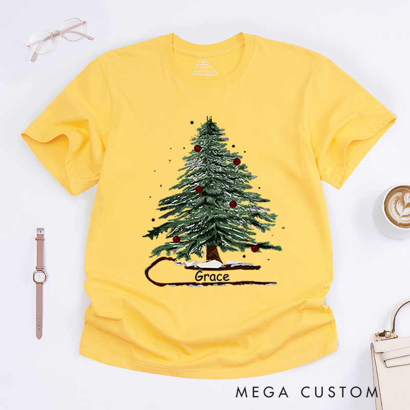 Personalized Festive Christmas Tree with Red Ornaments Christmas T-Shirt