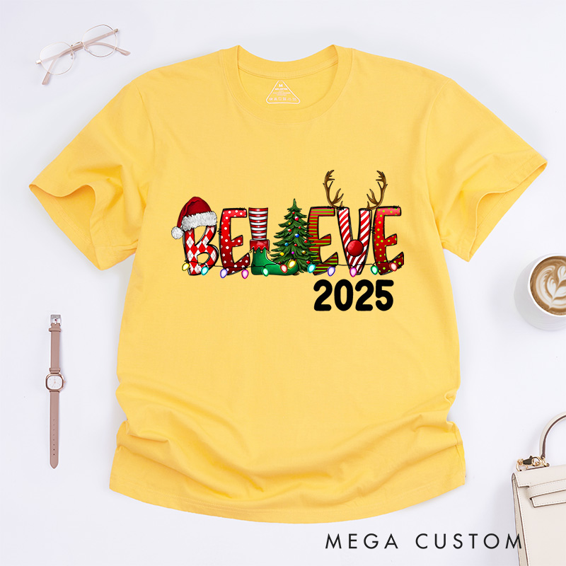 Personalized Believe with Holiday Icons and Reindeer Antlers Christmas T-Shirt