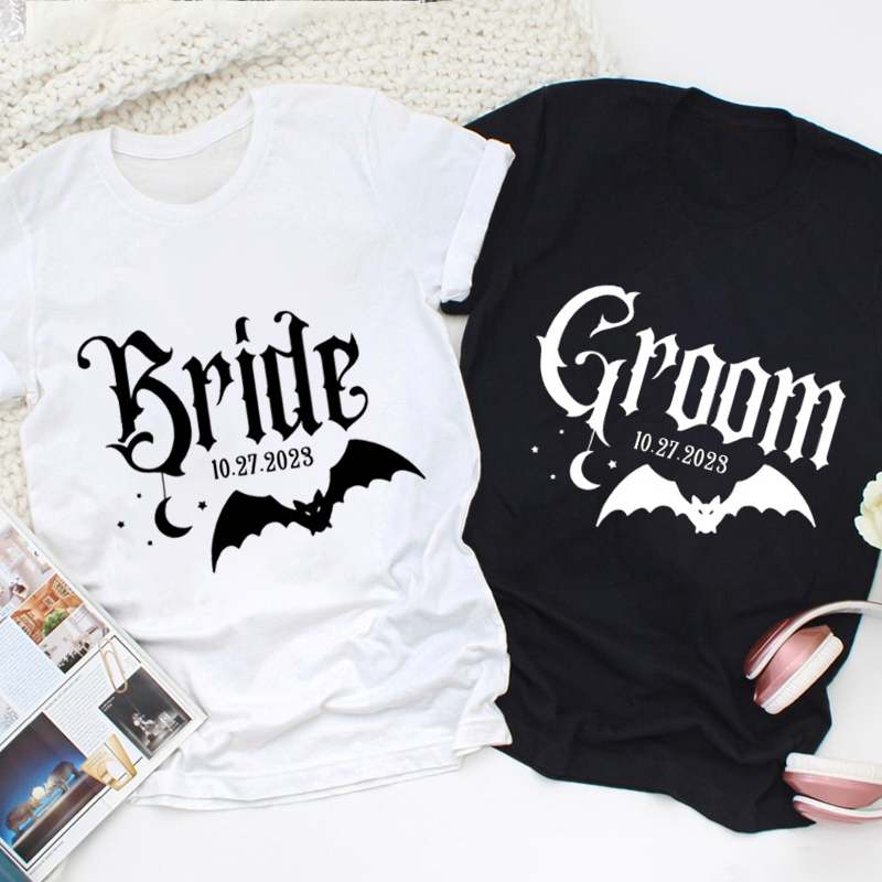 Personalized Halloween-Inspired Gothic Bride and Groom with Bat and Moon Matching Wedding Couple Classic T-Shirt