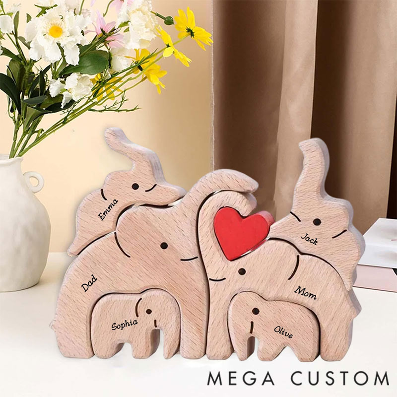 Personalized Wood Elephant Figurine Cuddling Decoration Hand-Carved Elephant for Family Keepsake Gifts