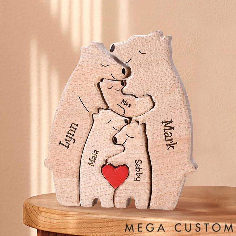 Personalized Carved Wooden Bear Family Jigsaw Puzzle, Wood Bear Figurines, Hugging Bear Family Keepsake Gift for Parents, Christmas Bear Decor