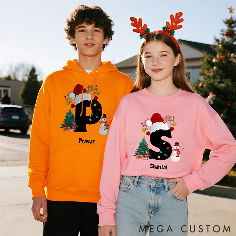 Personalized Christmas Trees Snowmen Multicolor Sweatshirt Hoodie with Initial and Name Christmas Gift for Family 