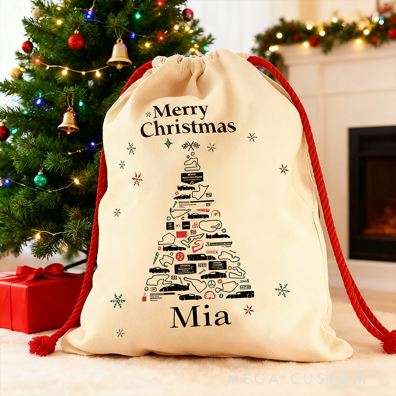 Personalized Racing Track Tree Sack Custom Name Gift Bag Vintage Christmas Bag