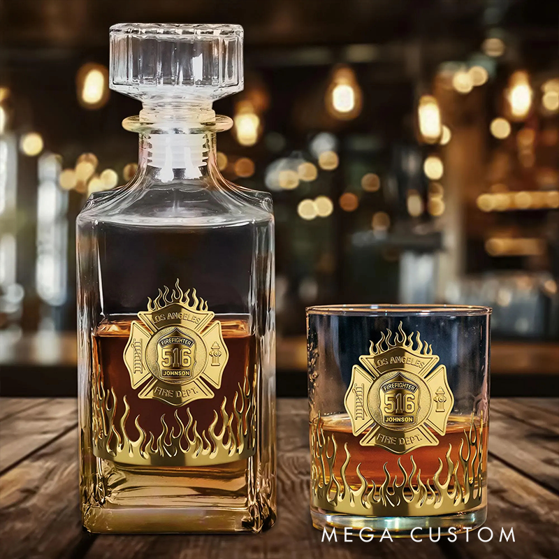 Personalized Firefighter Themed Whiskey Decanter Set Custom Name Gift for Firefighters
