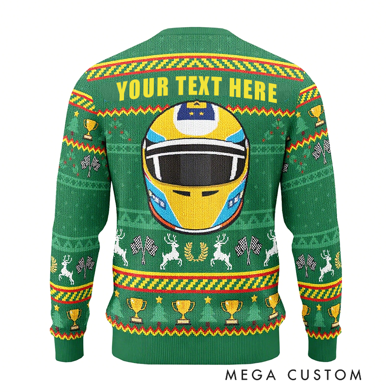 Personalized Christmas Ugly Sweater with Reindeer Design Custom Text Sweater Gift for Racers and Racing Lovers