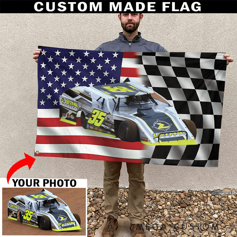 Personalized Racing Car Tapestry with Check Flag Design Custom Racing Car Photo Wall Hanging Gift for Racers and Racing Lovers