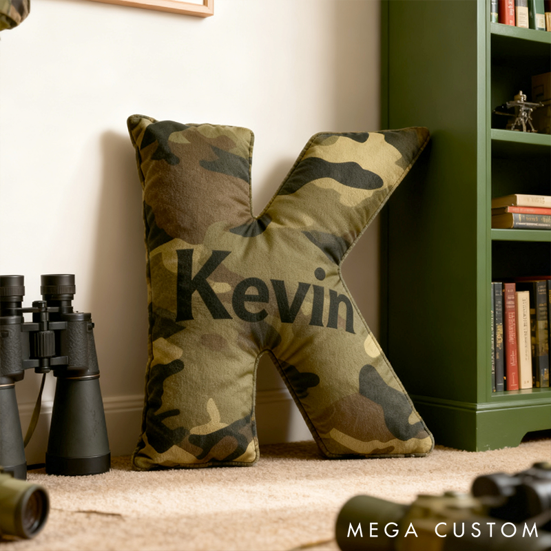 Personalized Camo Throw Pillow Initial Shaped Pillow Custom Throw Pillow with Name Military Style Pillow Gift for Men Boys Military Adventure-Themed Gifts