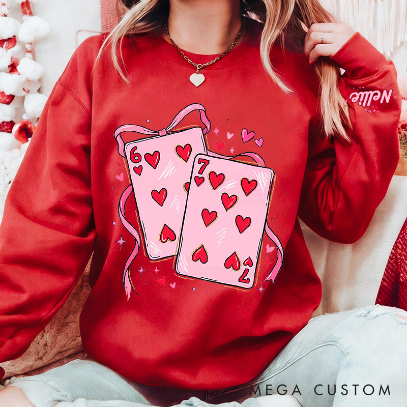 Personalized Girlfriend Wife Playing Cards Bow Tie 67 Sweatshirt with Name Couple Funny Coquette 6 7 Number Meme Matching Valentines Day Sweatshirt