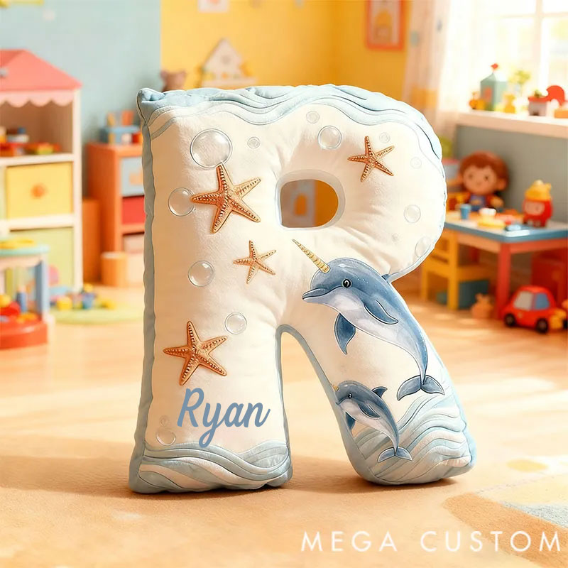 Personalized Graphic 3D Print Pillows Ocean Whale Letter Pillow, Custom Initial Pillow with name
