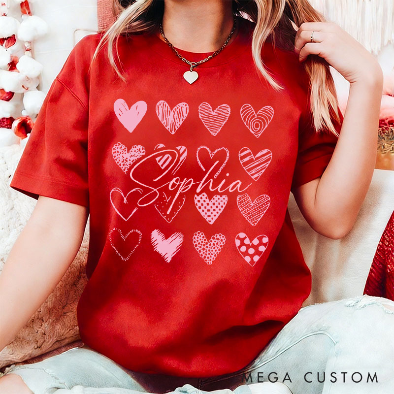 Personalized Couple Sweet Pink Hearts Matching T-Shirt with Name Valentine's Day T-Shirt for Husband Wife Boyfriend Girlfriend Gift for Hubby Wifey