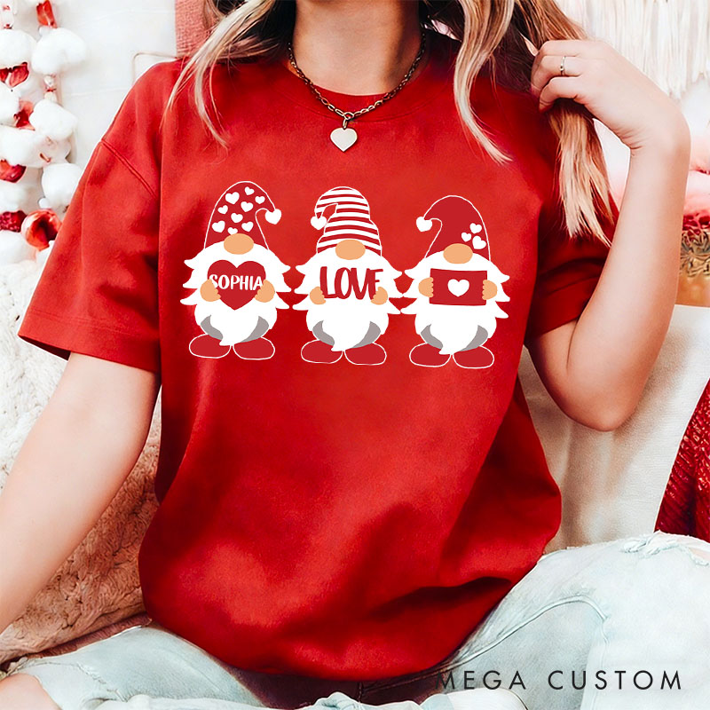 Personalized Couple Adorable Gnome with Heart and Name Matching T-Shirt Valentine's Day T-Shirt for Husband Wife Boyfriend Girlfriend Gift