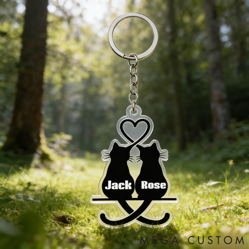 Personalized Snuggling Cats Keychain Couple Silhouette Engraved Key Ring Cute Gift for Couples Valentine's Day Present