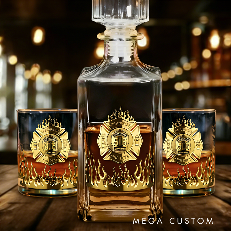 Personalized Firefighter Themed Whiskey Decanter Set Custom Name Gift for Firefighters