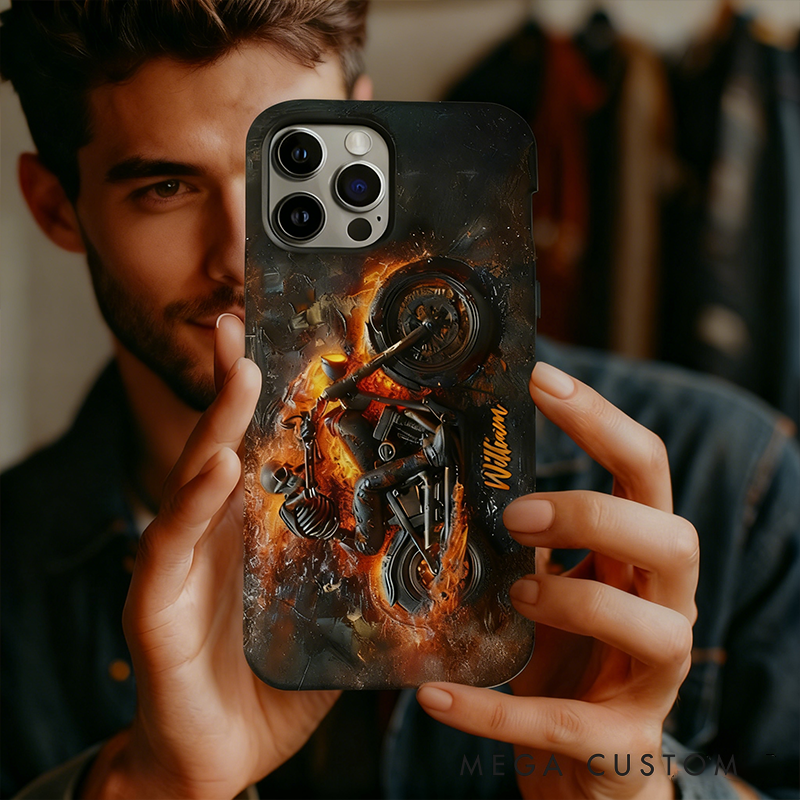 Personalized Biker Fire Flame Phone Case Custom Name and Bike Style Gift for Bikers and Racing Lovers