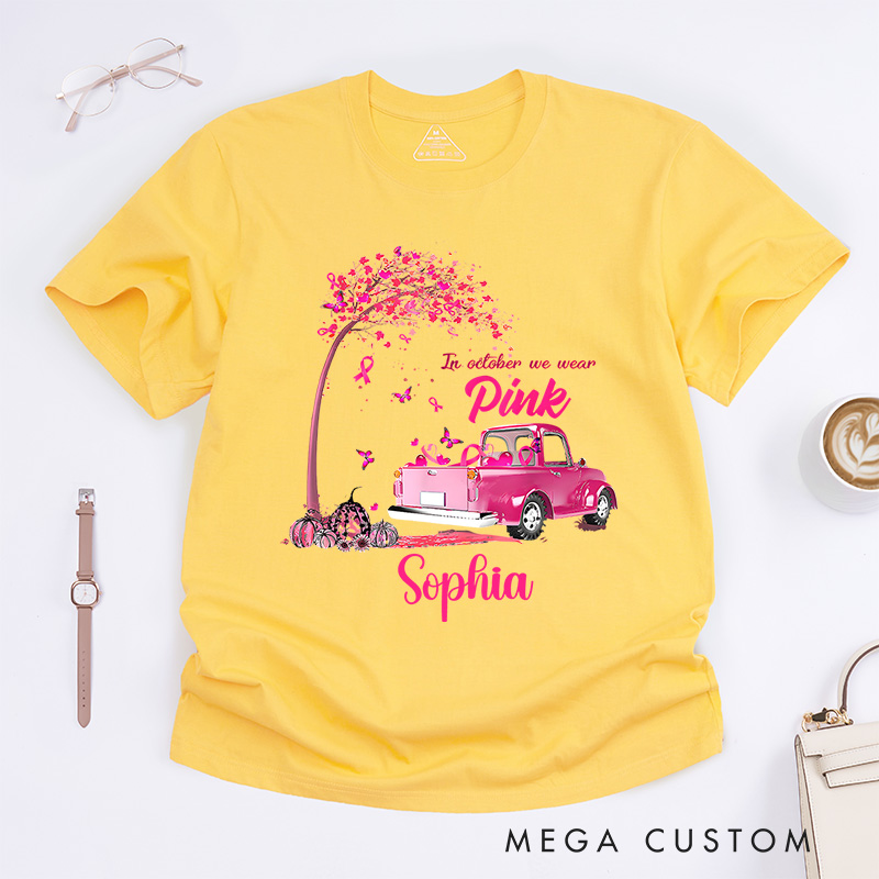 Personalized In October We Wear Pink Vintage Car Breast Cancer T-shirt