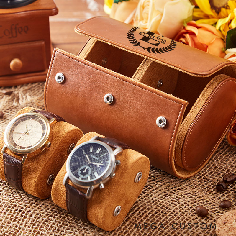 Personalized Laurel Branches with Initials Wedding Engagement Men Leather Watch Case