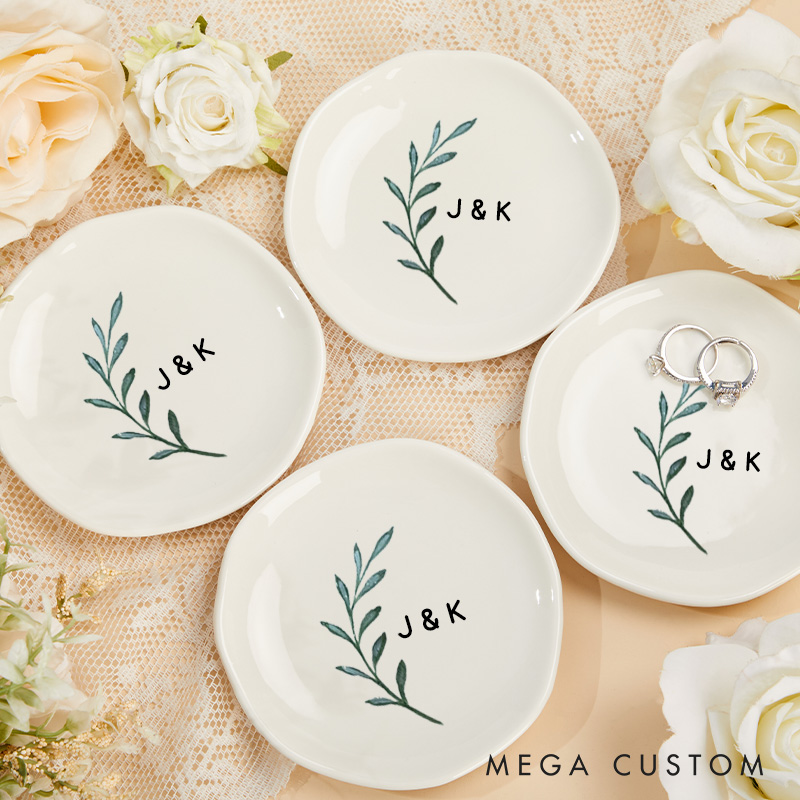 Personalized Watercolor Olive Branch with Initials Wedding Engagement Irregular Round Ring Dish