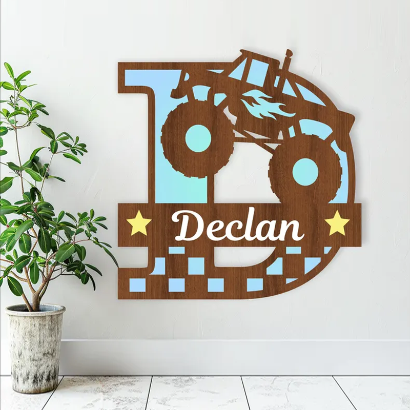Personalized Wooden 3D Name Sign Monster Truck Wall Decor for Kids