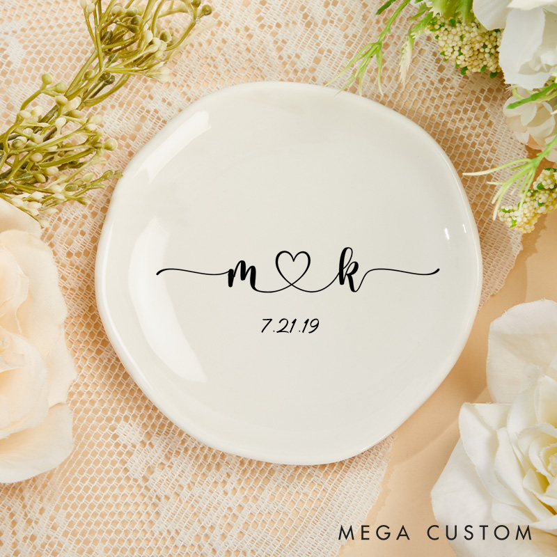 Personalized Elegant Flowing Initials with Heart and Date Wedding Engagement Irregular Round Ring Dish