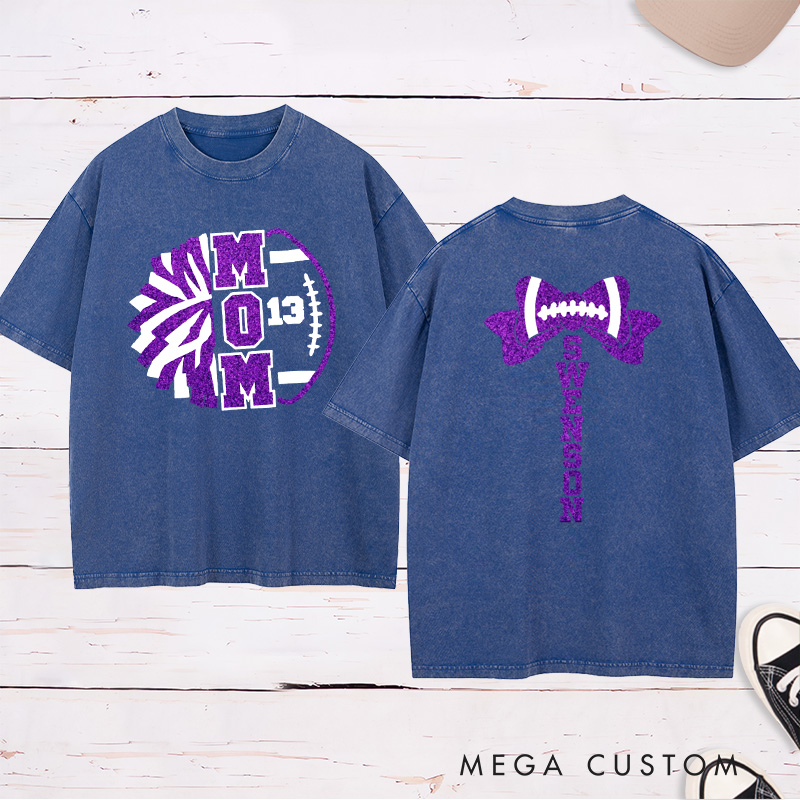 Personalized Glitter American Football and Rugby Cheer Mom Washed T-Shirt with Custom Name on the Back and Number on the Front
