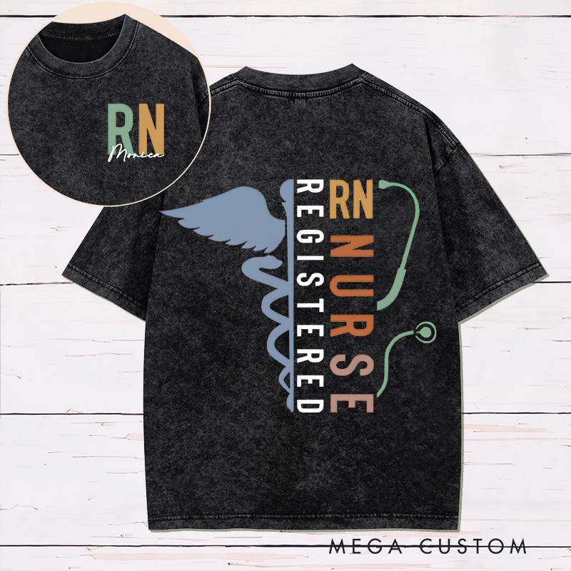 Personalized Two Sides Printed Washed T-Shirt Customized Registered Nurse Design Washed T-Shirt 