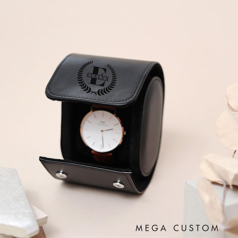 Personalized Laurel Branches with Initials Wedding Engagement Men Leather Watch Case