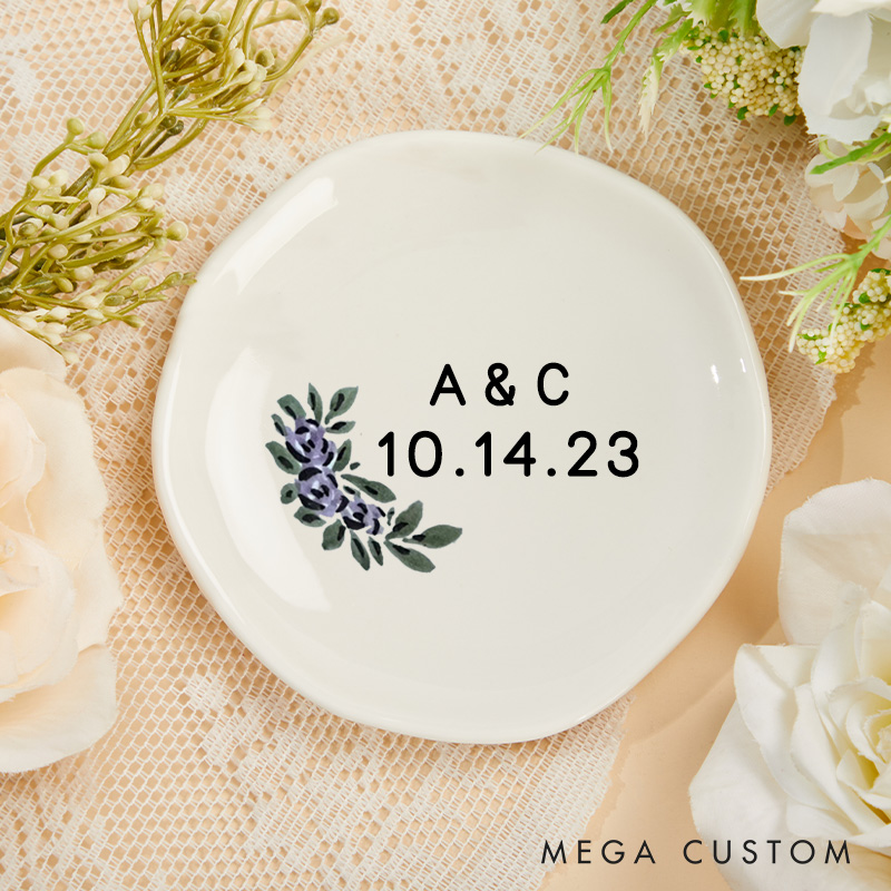 Personalized Elegant Watercolor Purple Floral with Initials Wedding Engagement Irregular Round Ring Dish